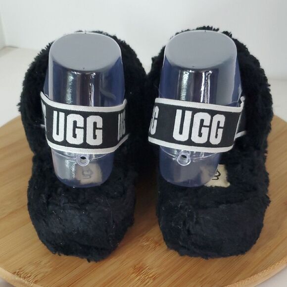 UGG Fluff Yeah Black Fuzzy Slide Sandals with Logo Strap Size 10 - Picture 5 of 12